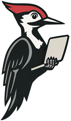 Lakey Gap Tech woodpecker mascot holding a laptop